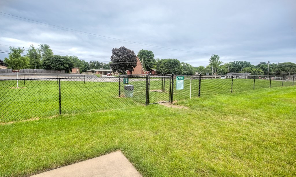 the dog park is fenced in and has green grass