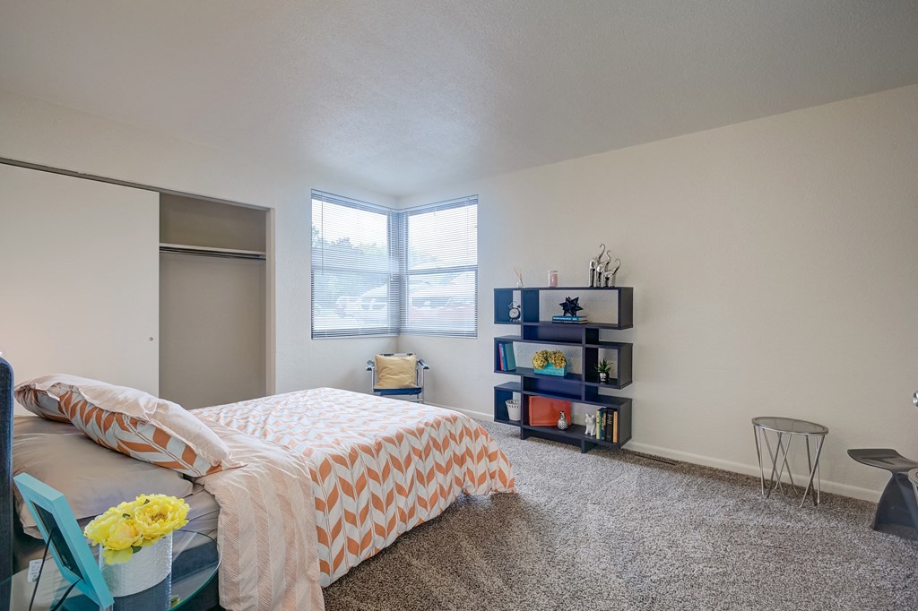 a bedroom with a bed and a closet and a window