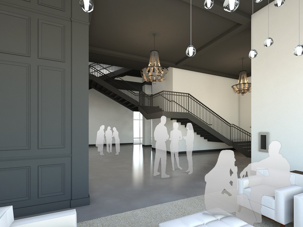 a rendering of a lobby with white furniture and a staircase