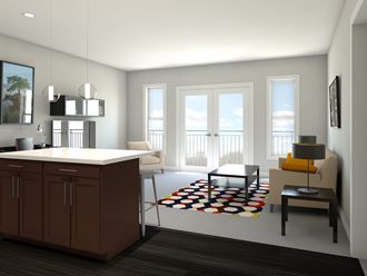 a rendering of a living room and kitchen in an apartment