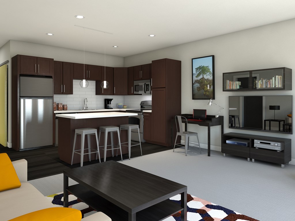 a rendering of a kitchen and living room in a house