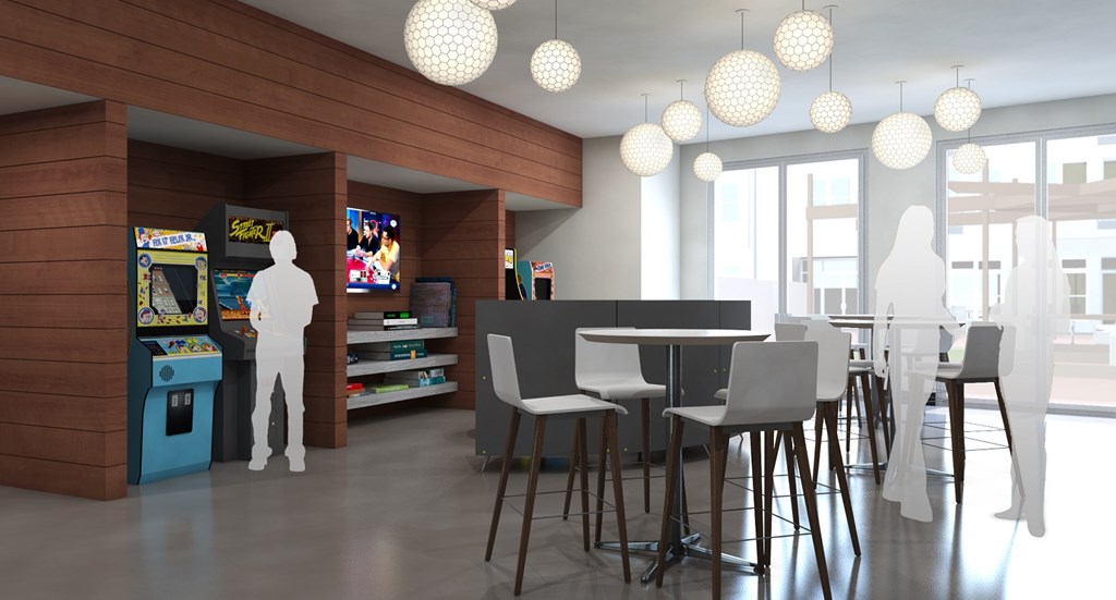 a rendering of a dining room with tables and chairs and a vending machine