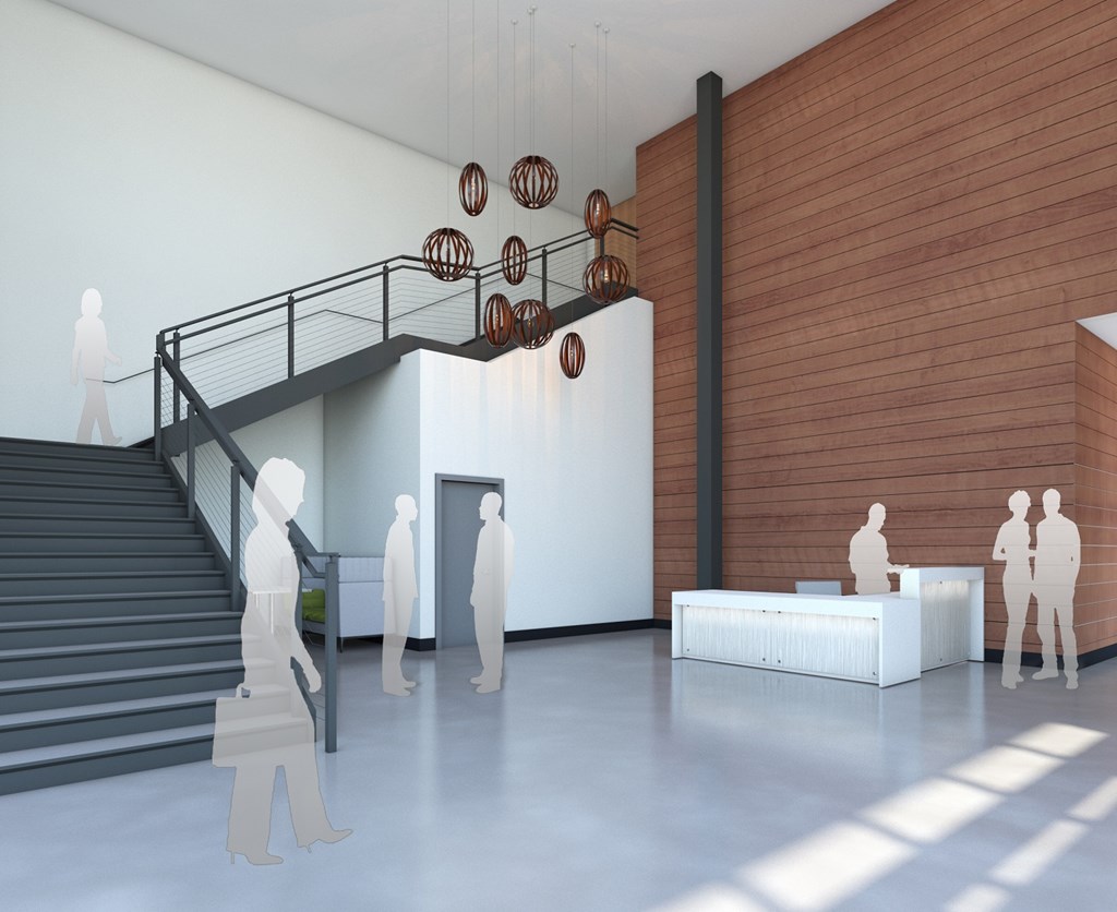 a rendering of a lobby with a staircase and a group of people