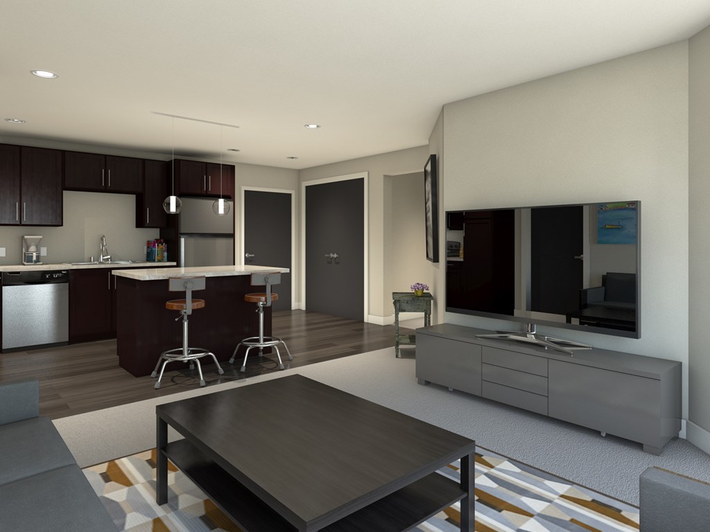a rendering of a living room and kitchen in an apartment