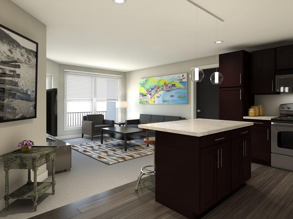 a rendering of a kitchen and living room in an apartment