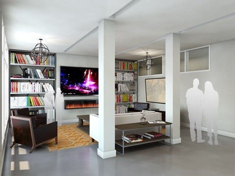 a living room with a fireplace and a television