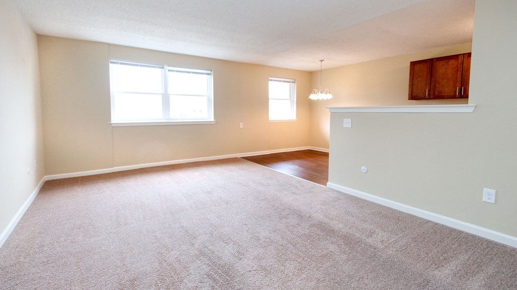 an empty living room with carpet and a window