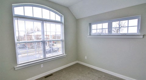 a living room with two windows and a carpet