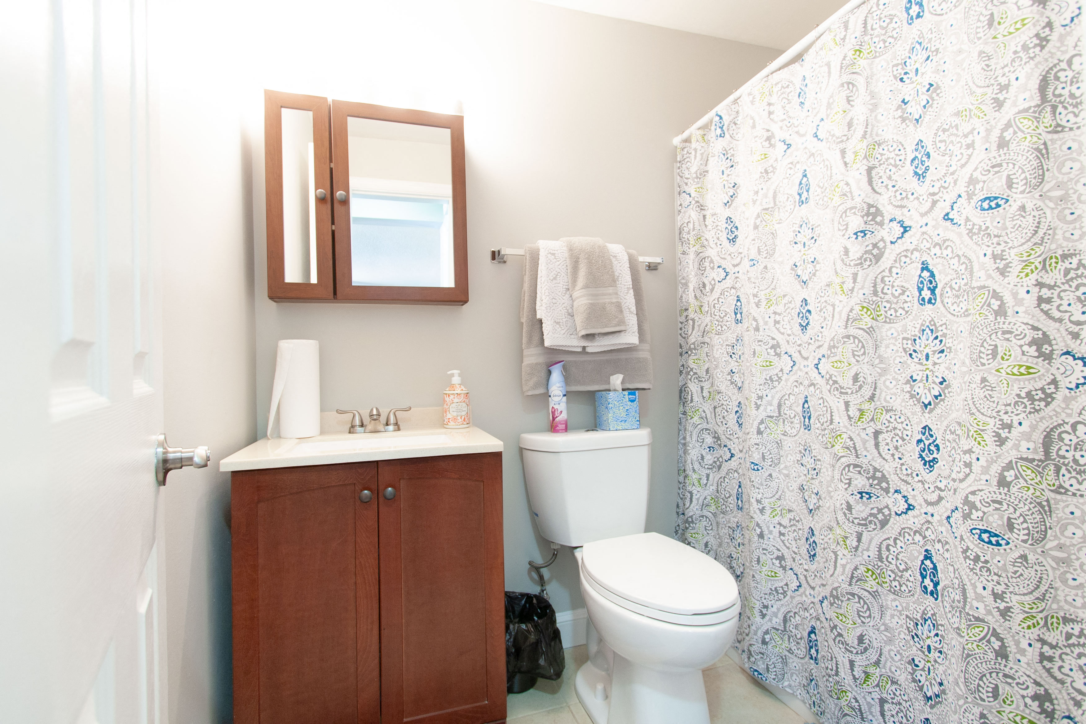 a bathroom with a toilet and a sink and a shower curtain