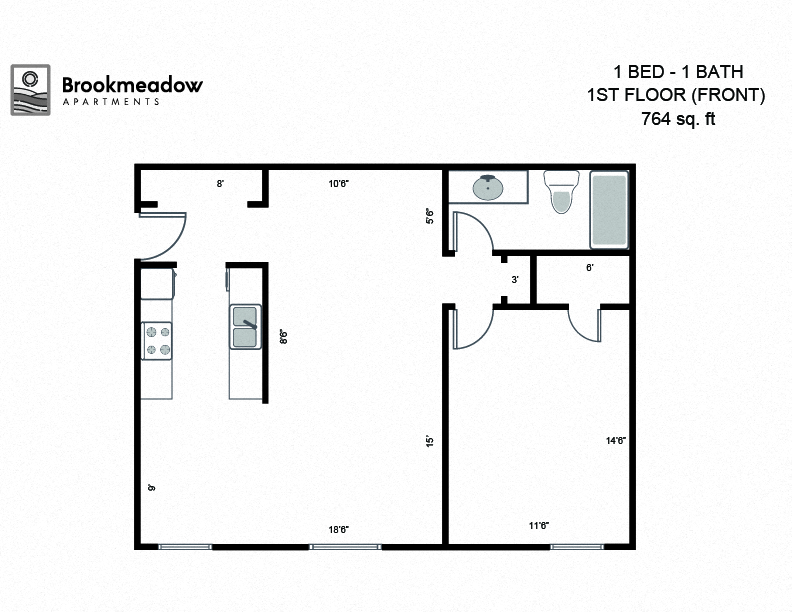 1 Bed, 1 Bath - 764 sq ft