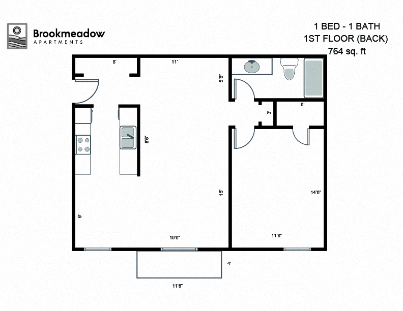 1 Bed, 1 Bath - 764 sq ft