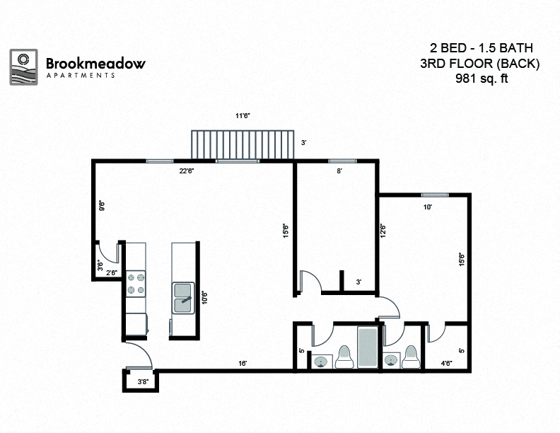 2 Bed, 1.5 Bath - 981 sq ft