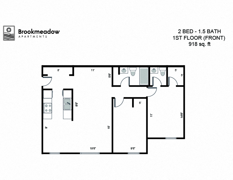 2 Bed, 1.5 Bath - 918 sq ft