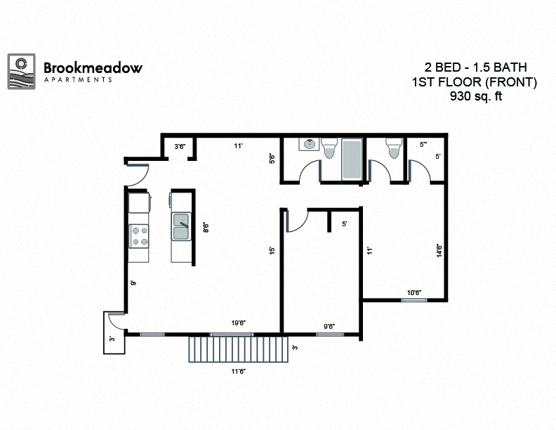 2 Bed, 1.5 Bath - 930 sq ft