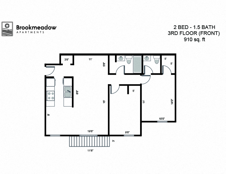 2 Bed, 1.5 Bath - 910 sq ft