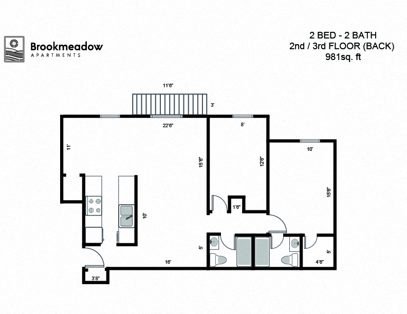 2 Bed, 2 Bath - 981 sq ft