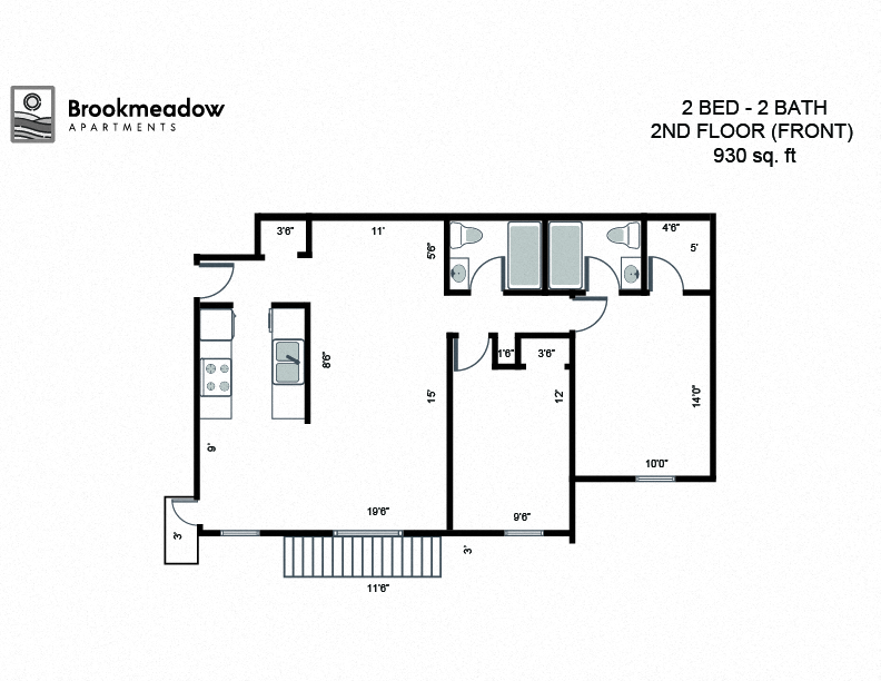 2 Bed, 2 Bath - 930 sq ft