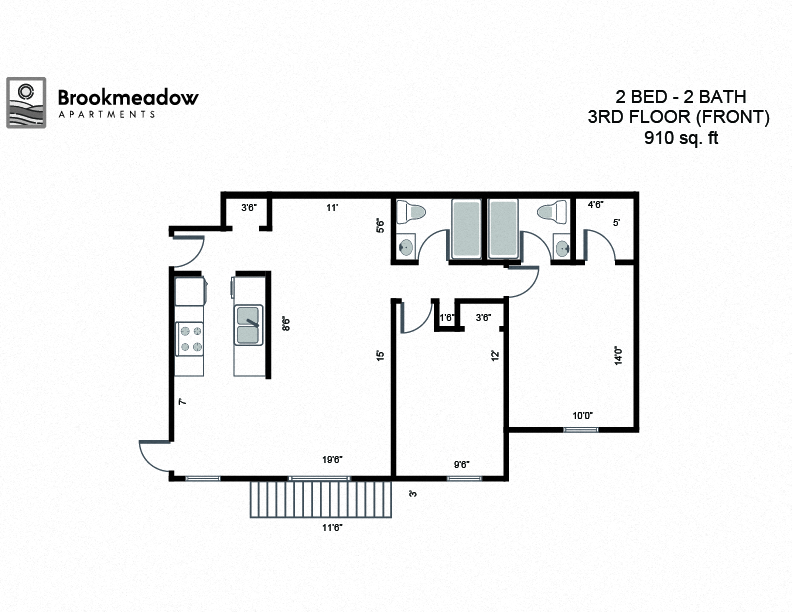 2 Bed, 2 Bath - 910 sq ft