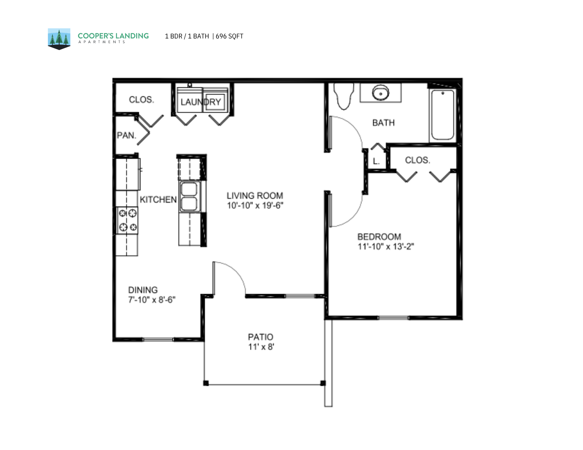 1 Bed, 1 Bath - 696 sq ft