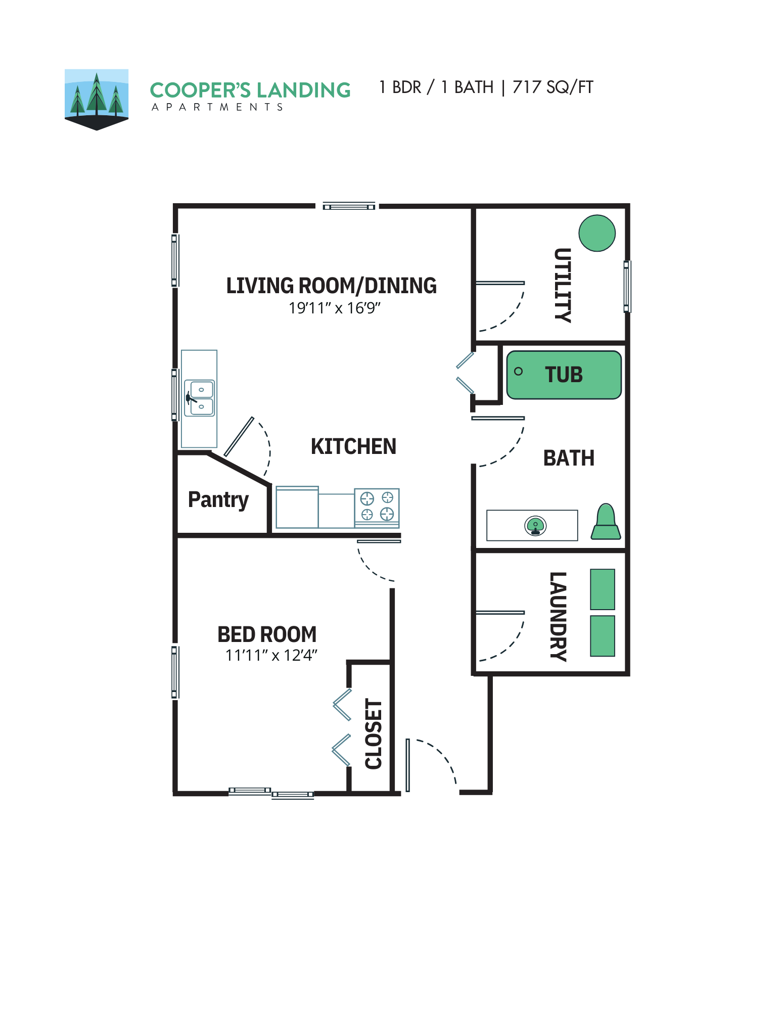 1 Bed, 1 Bath - 717 sq ft