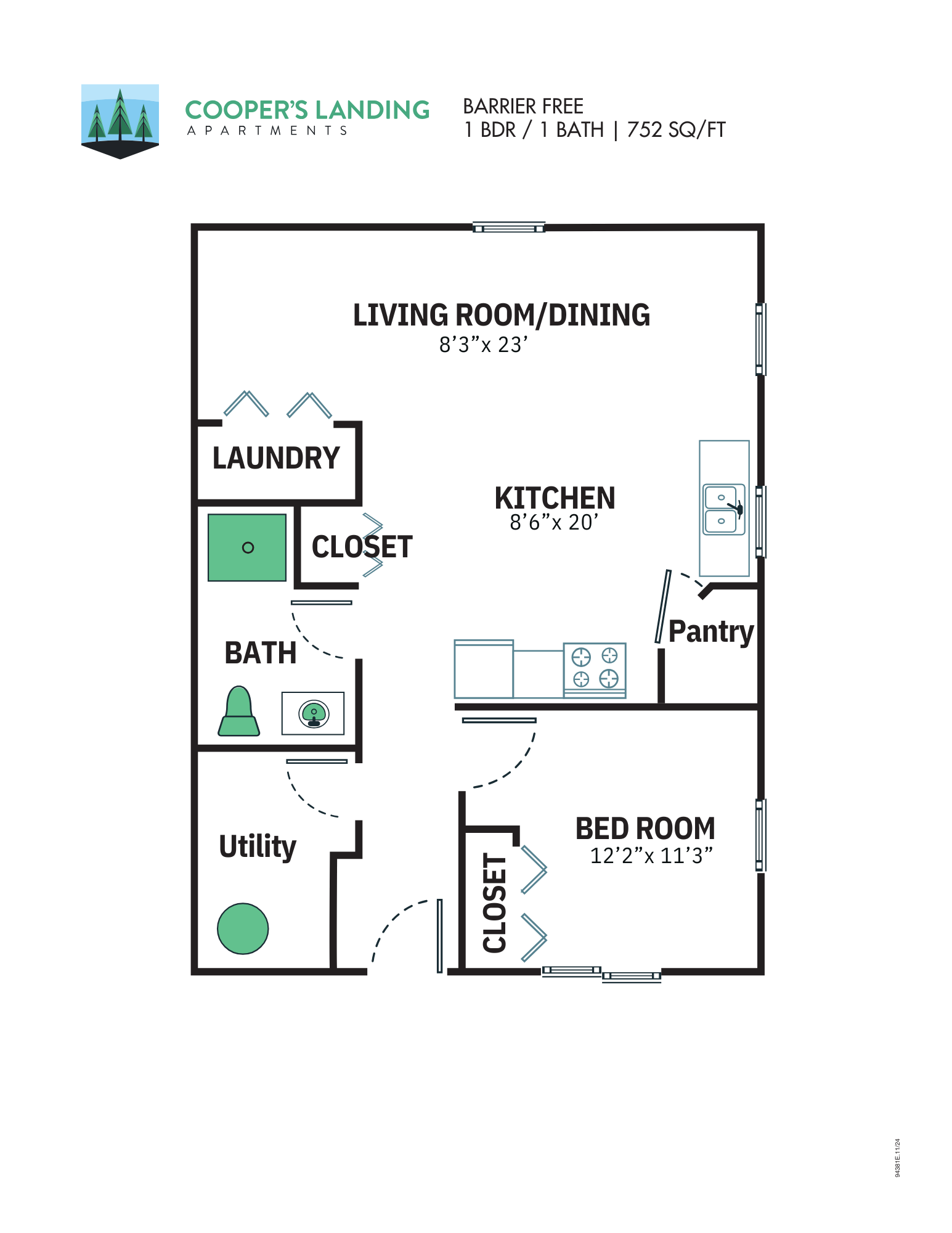 1 Bed, 1 Bath - 752 sqft