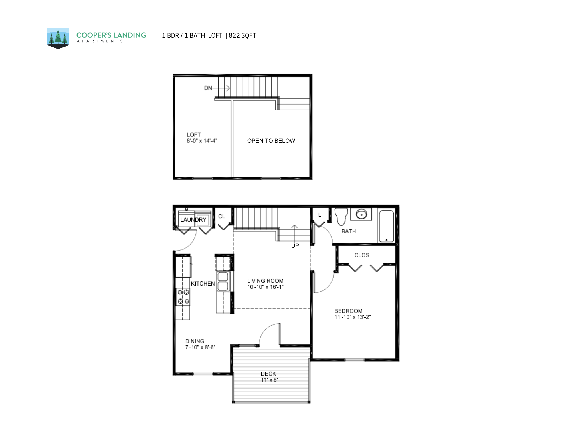 1 Bed, 1 Bath Loft - 822 sq ft