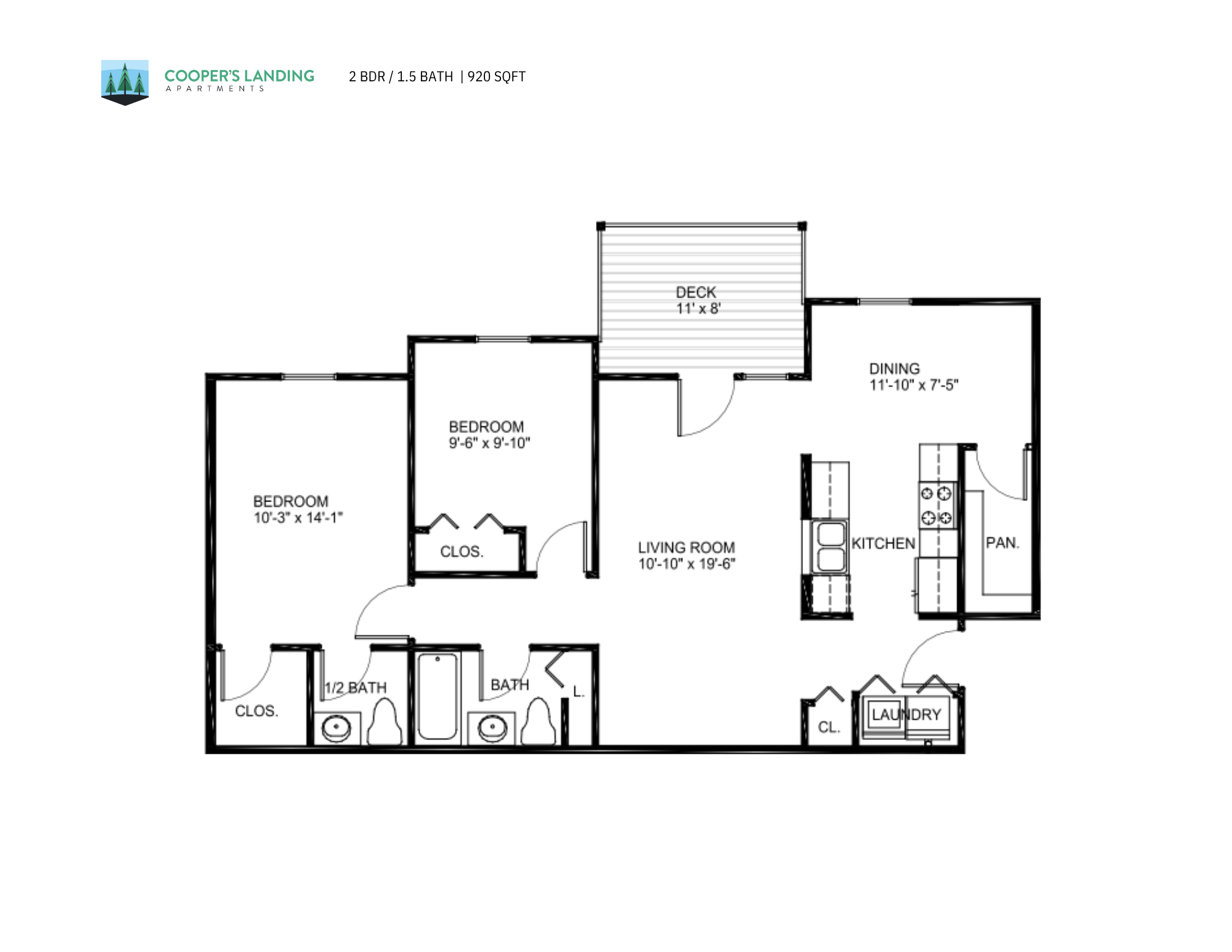 2 Bed, 1.5 Bath - 920 sq ft