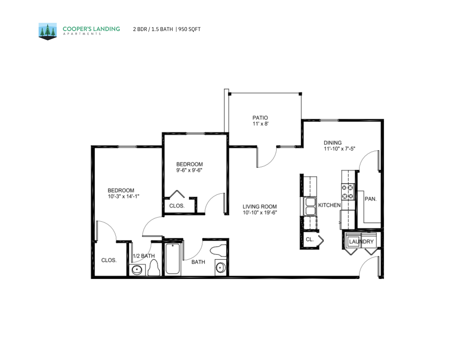2 Bed, 1.5 Bath - 950 sq ft