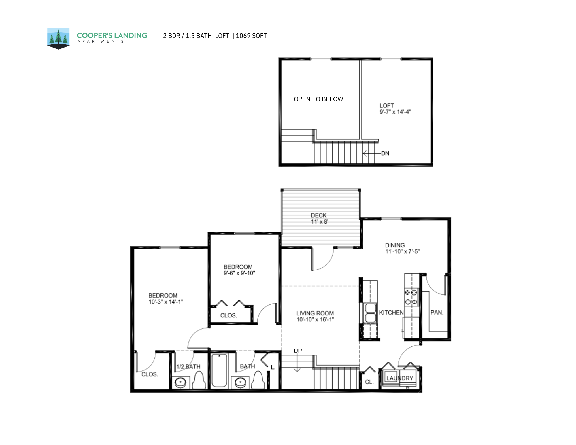 2 Bed, 1.5 Bath Loft - 1069 sq ft