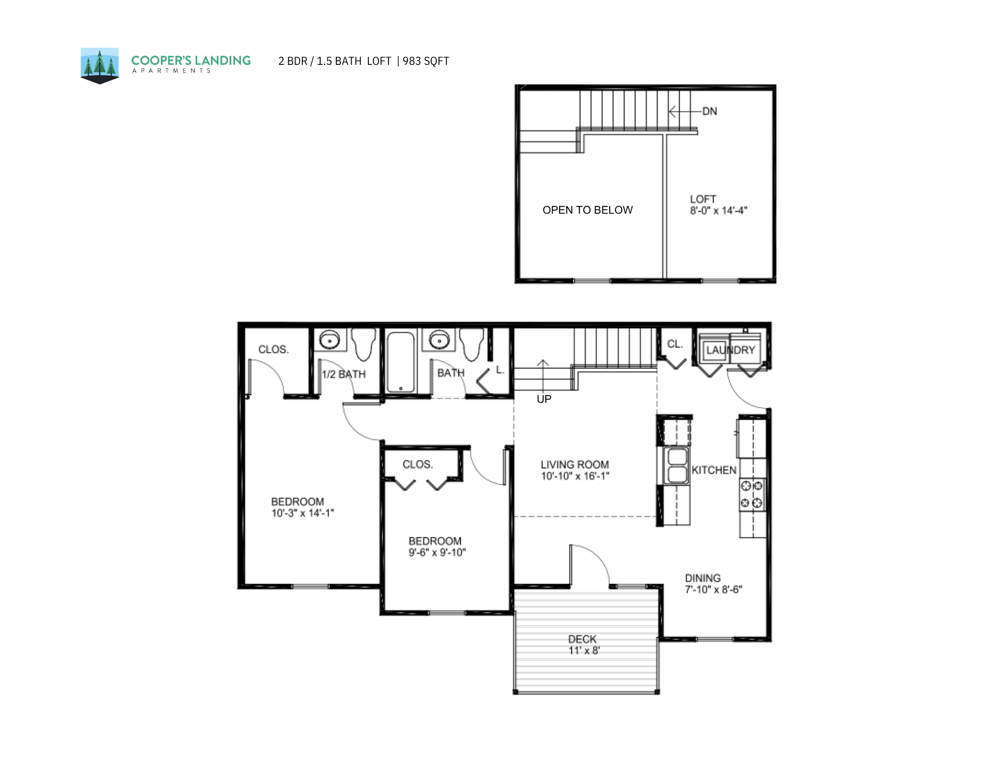 2 Bed, 1.5 Bath Loft - 983 sq ft