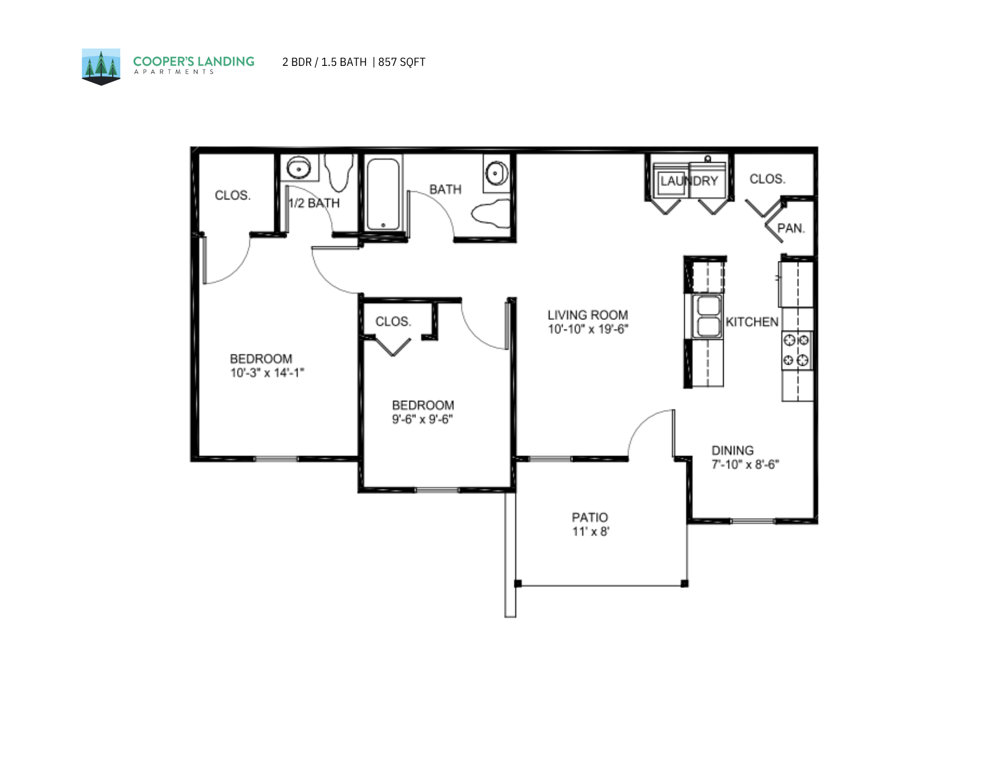 2 Bed, 1.5 Bath - 857 sq ft