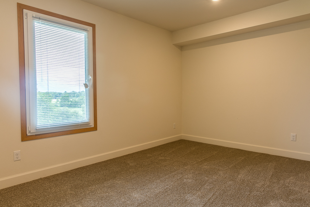 an empty living room with a window and carpet