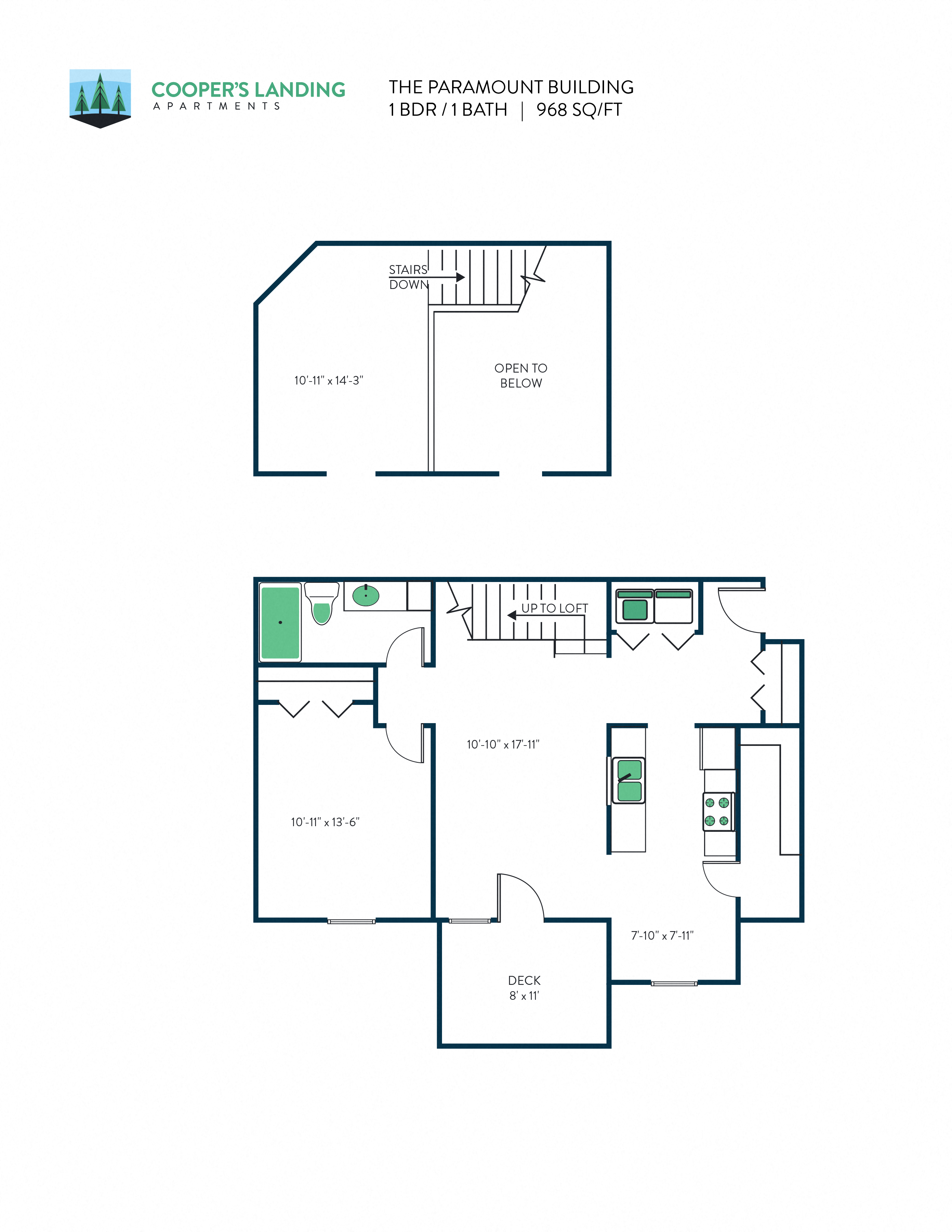 1 Bed, 1 Bath Loft - 968 sq ft
