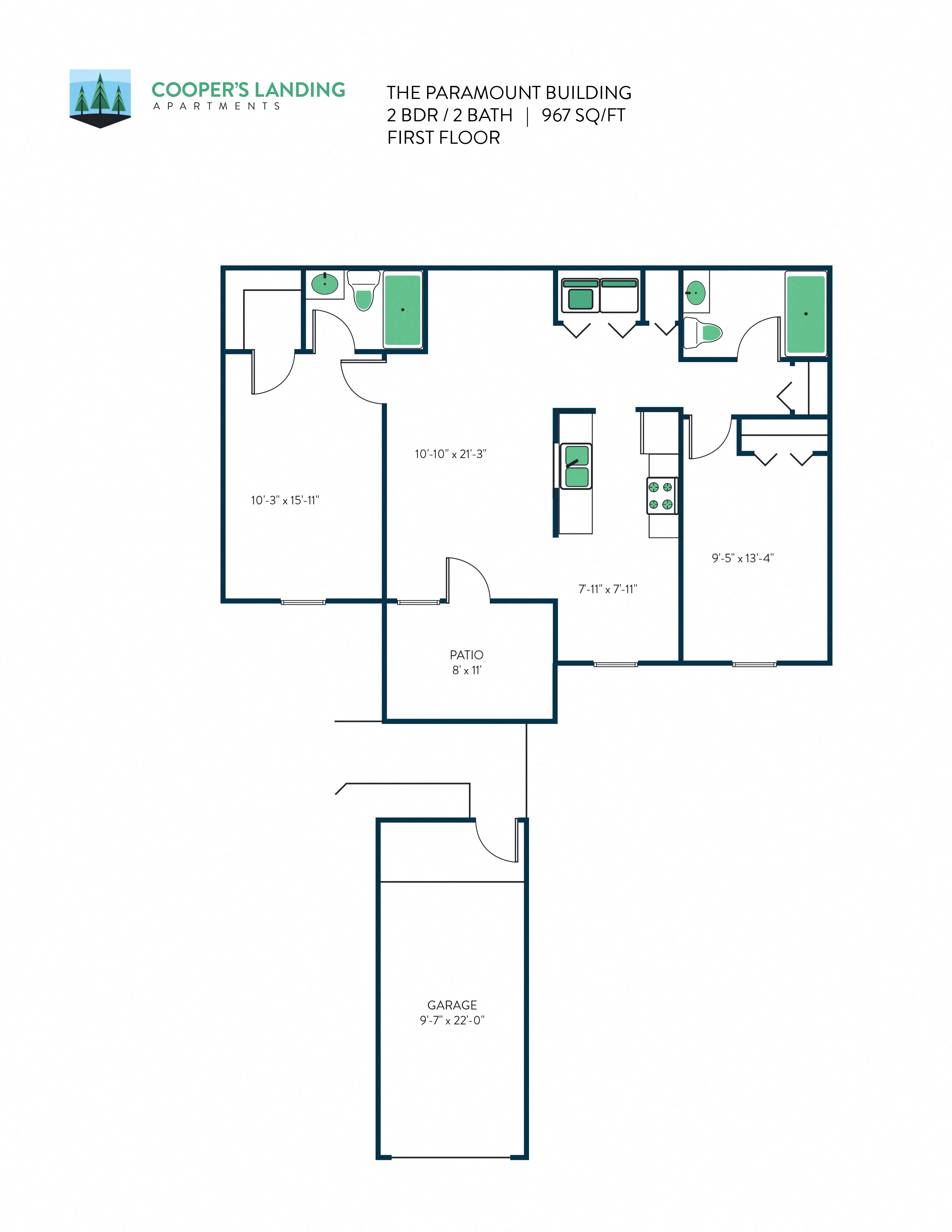 2 Bed,  2 Bath - 967 sq ft