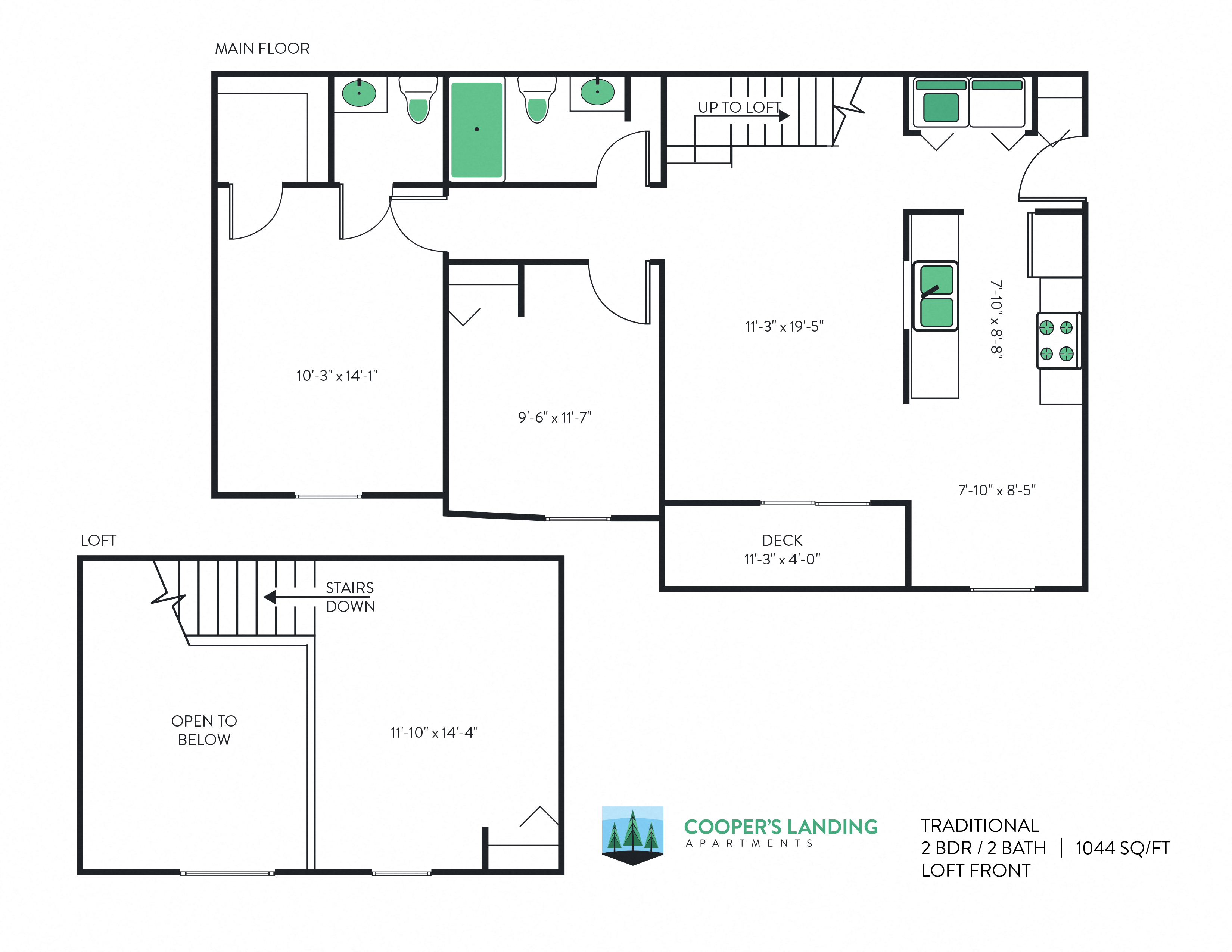 2 Bed, 1.5 Bath Loft - 1044 sq ft