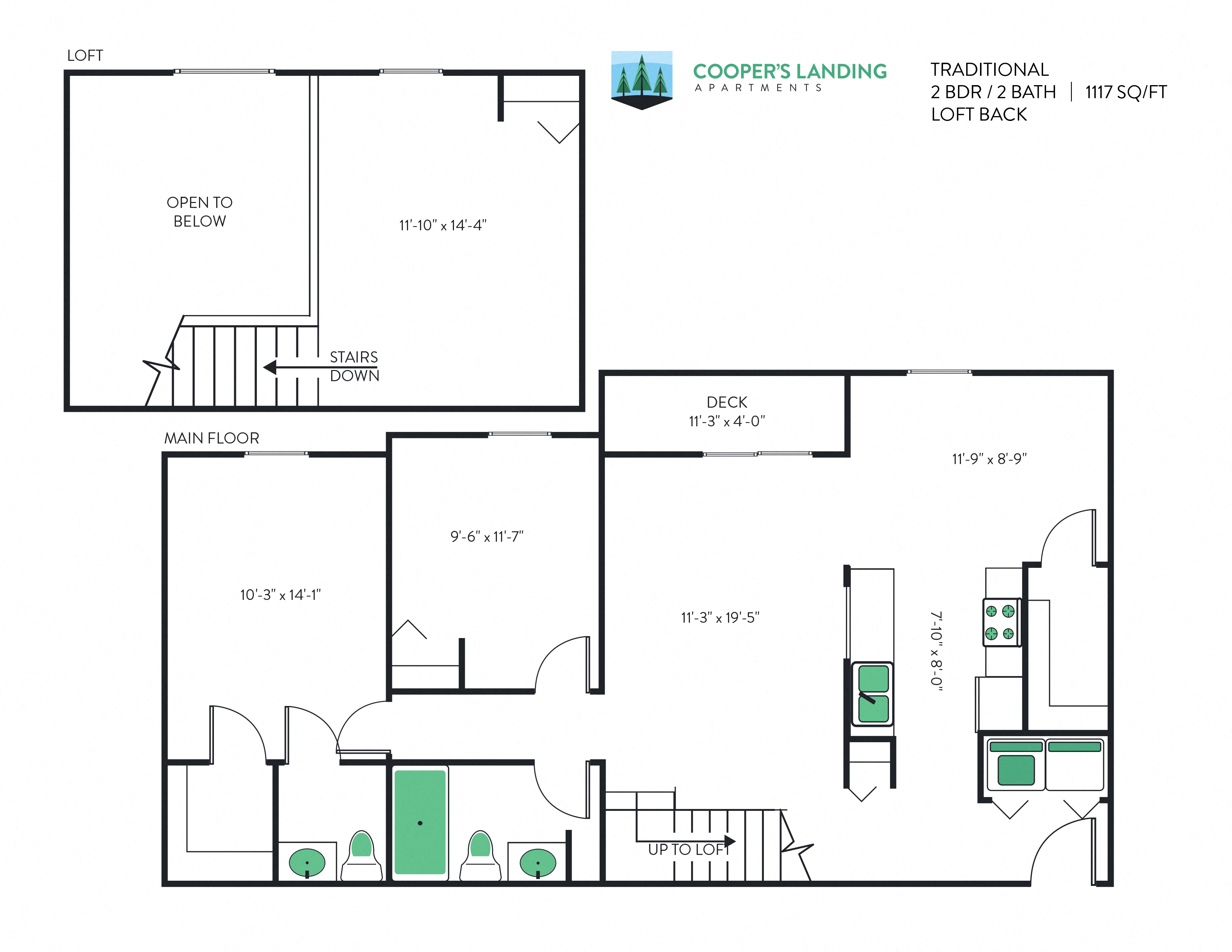 2 Bed, 1.5 Bath Loft - 1117 sq ft