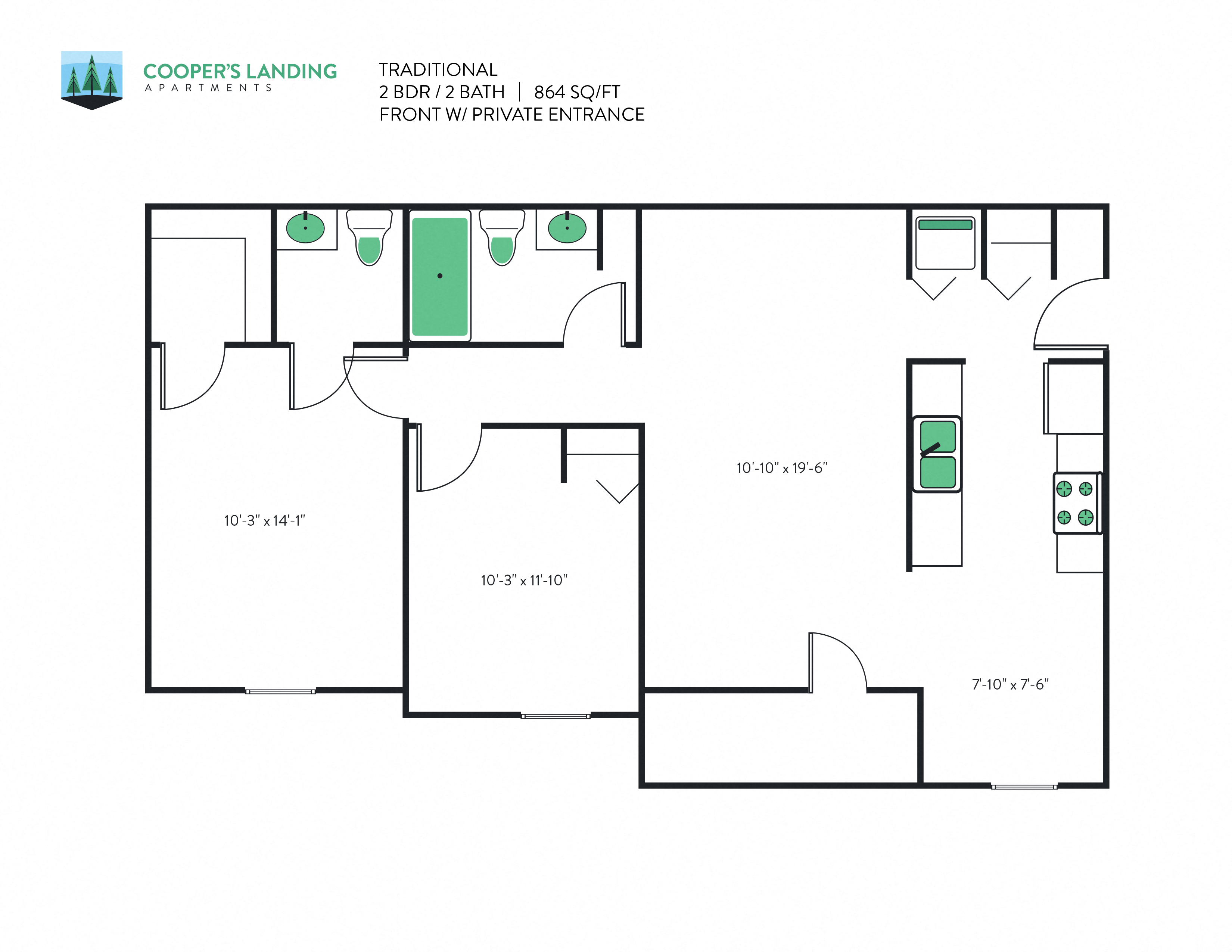 2 Bed, 1.5 Bath - 864 sq ft