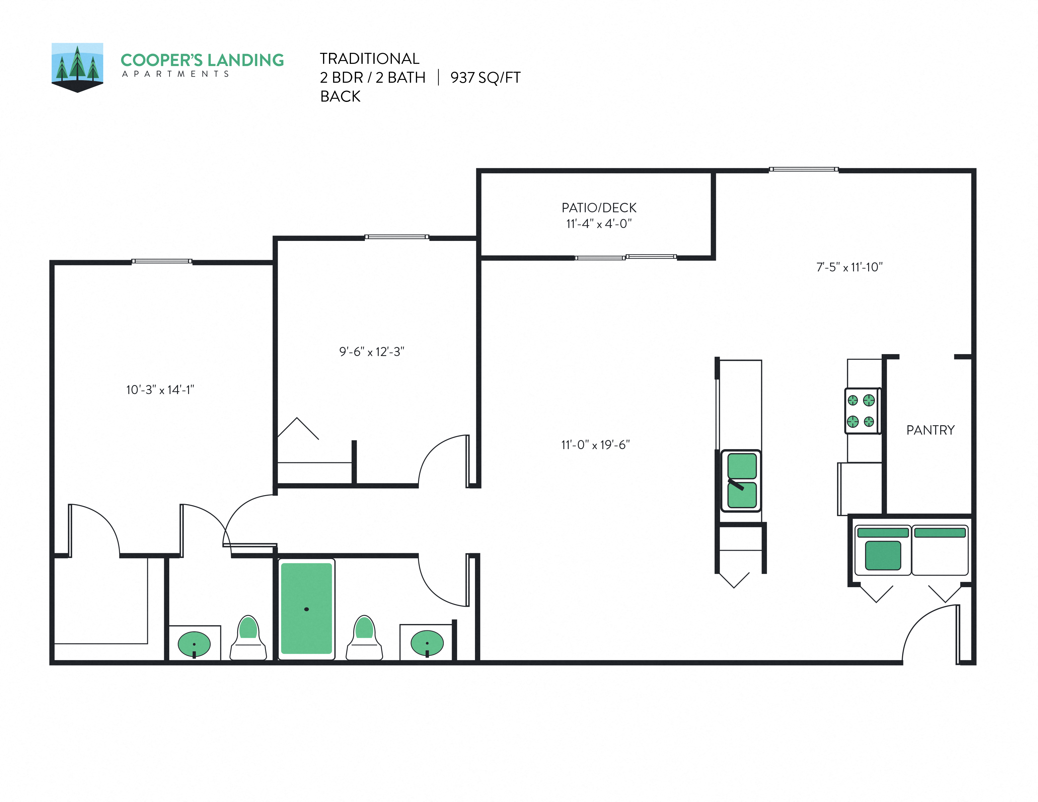 2 Bed, 1.5 Bath - 937 sq ft