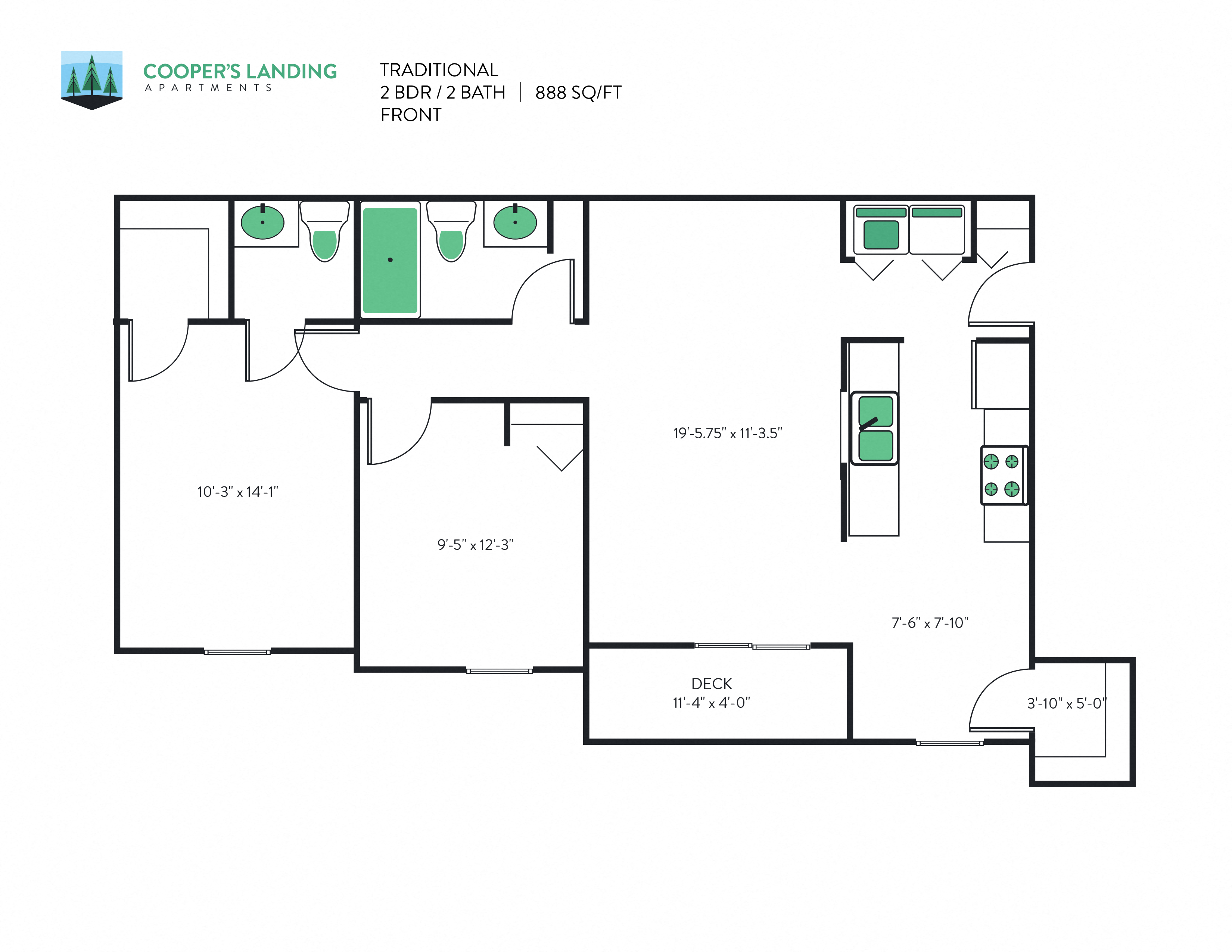 2 bed,  1.5 Bath - 888 sq ft