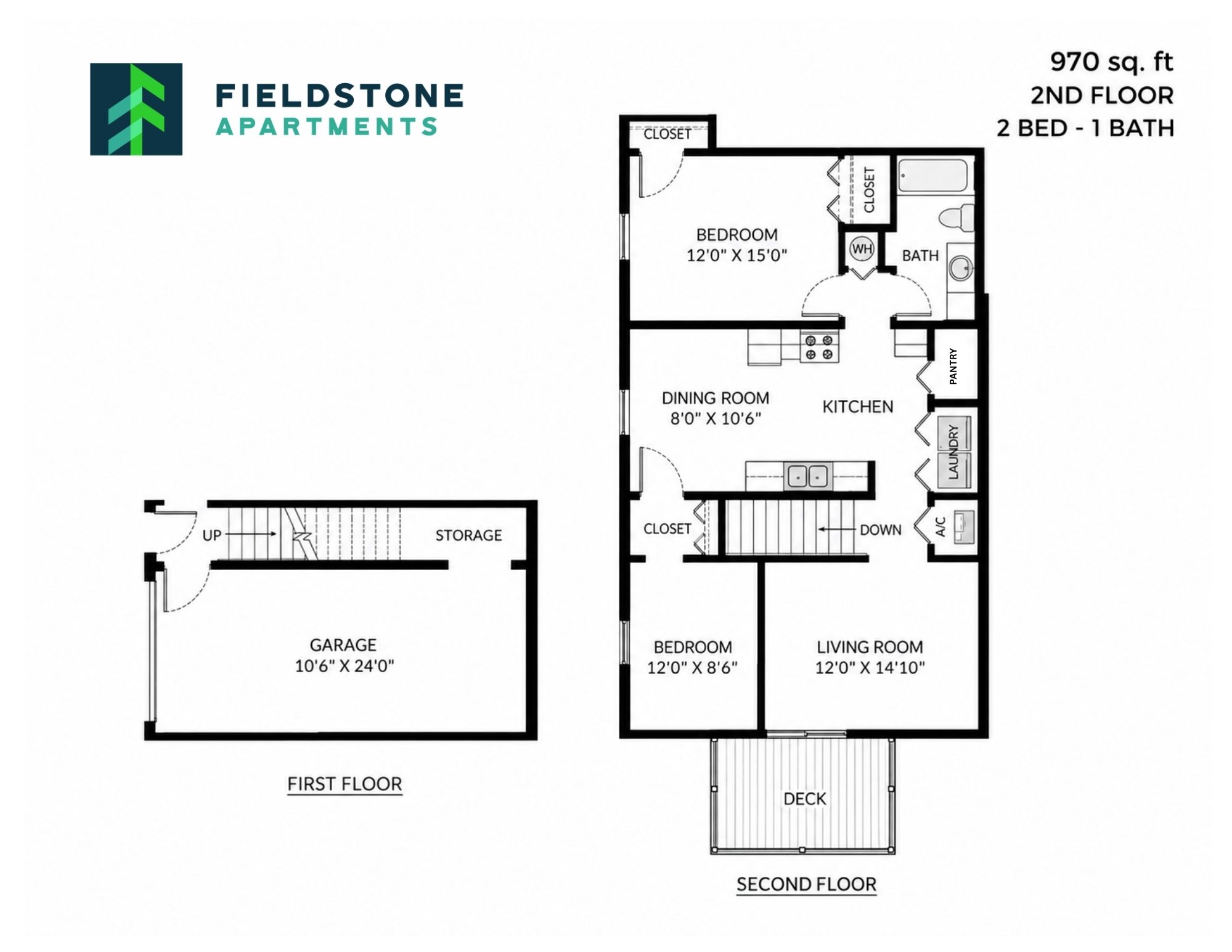 2 Bed, 1 Bath - 970 sq ft