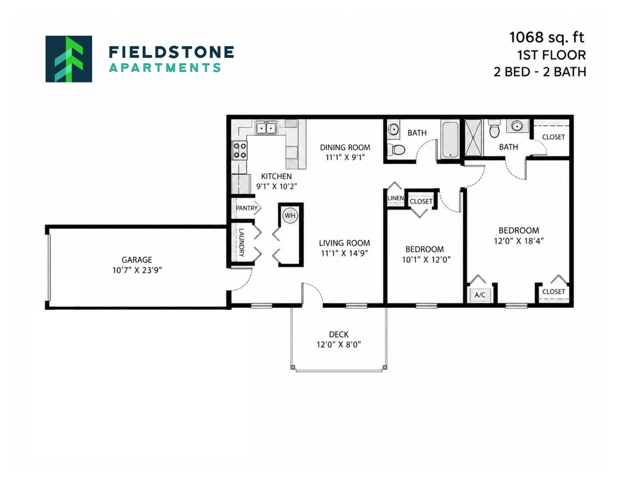 2 Bed, 2 Bath - 1,068 sq ft