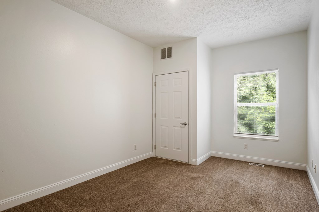 A room with a carpeted floor, a white door, and a window with a view of trees outside.