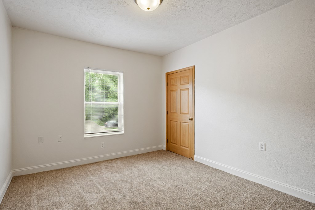 A room with a carpeted floor, a window with blinds, a wooden door, and a light fixture on the ceiling.