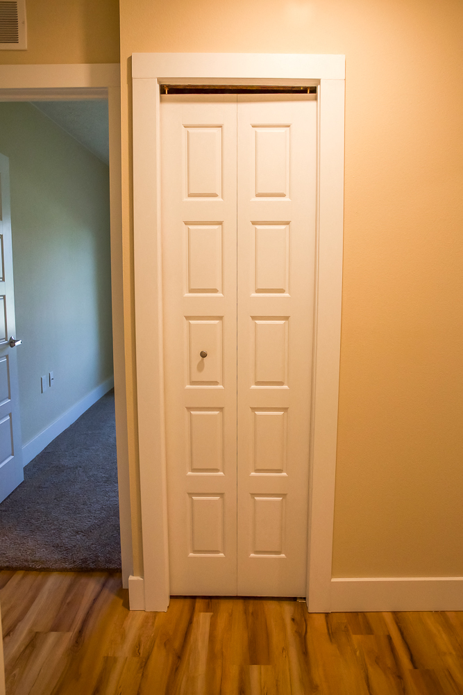 the door to the closet is closed and the door is open to the hallway