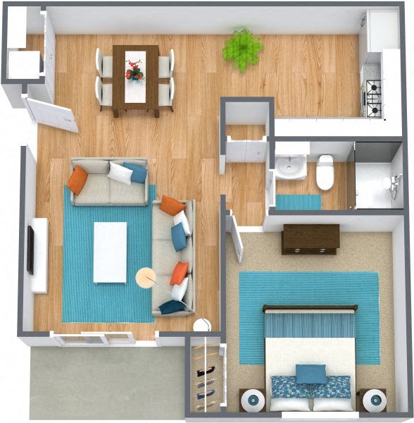 Three dimensional rendering of a one bedroom floor plan at Johnson Med Center apartments in Kansas, Kansas
