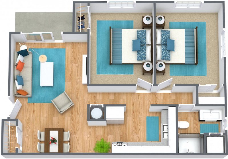 Three dimensional rendering of a two bedroom floor plan at Johnson Med Center apartments in Kansas, Kansas