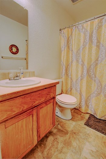 Image of bathroom with vanity, toilet, and bathtub - Photo Gallery 13