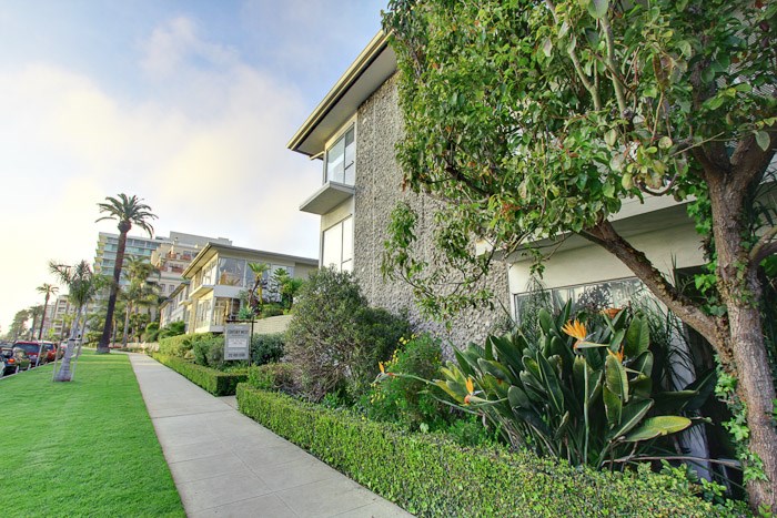 a sidewalk in front of a building with plants and trees