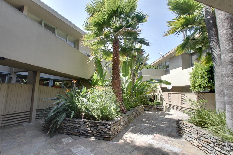 a courtyard with palm trees in front of a building