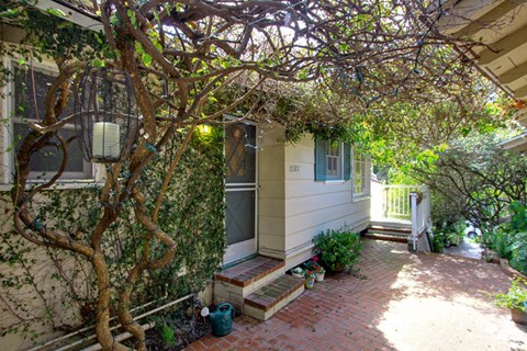 the front of the house with a porch and a tree